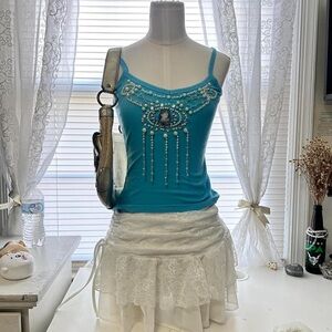 Cute art deco styled Y2K lolita blue cami with rhinestone beading details